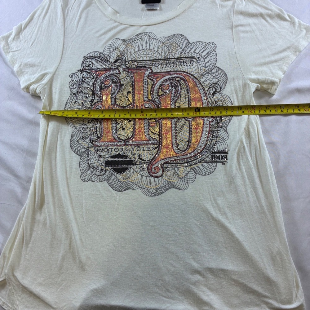 Harley-Davidson Womens Bedazzled Graphic T-Shirt Ivory Rayon M VTG - Picture 6 of 8